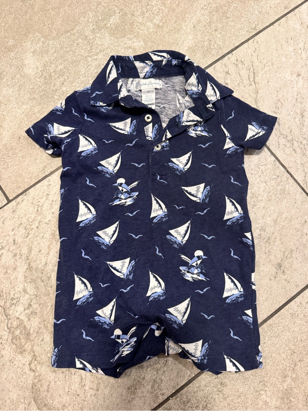 Polo Ralph Lauren Navy Sailboat Print Baby Romper - 3M